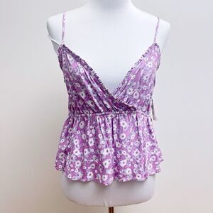 Abound Women’s Large Purple Floral Tank Top V Neck Ruffle Wrap Cami Tank Casual